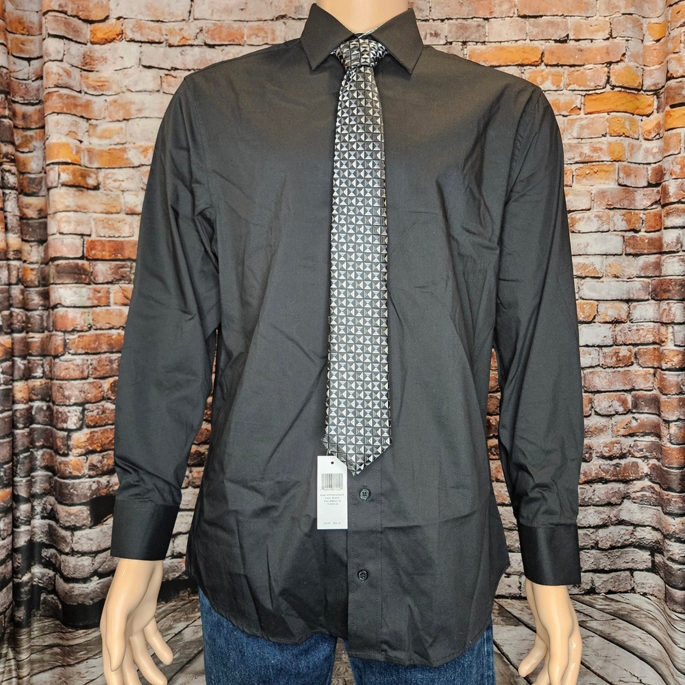 Nick Graham Everywhere Mens Black Button Down Shirt & Tie Set Med 15.5 32-33 NWT